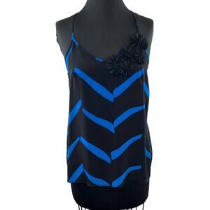 YUMI KIM Black Blue Chevron Silk Stappy Tank Flower Applique Cami Racerback S